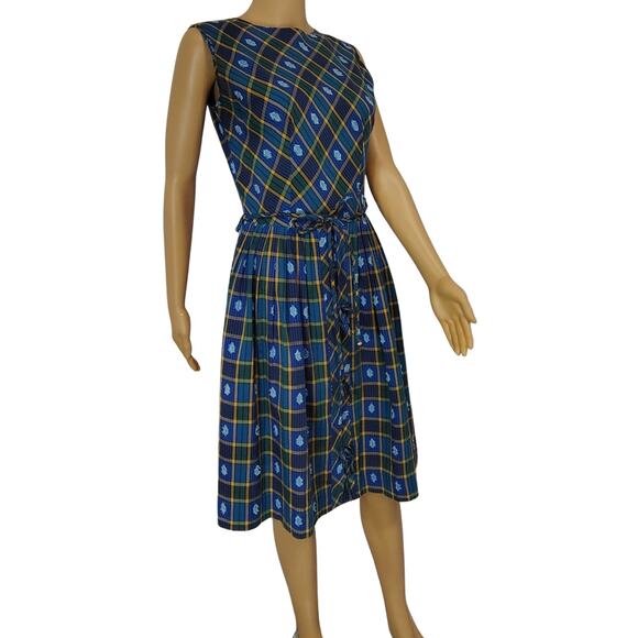 Belted Blue Green Plaid Vintage Hand Made Pleated Ribbon Tie Midi Dress Size S - Picture 2 of 8